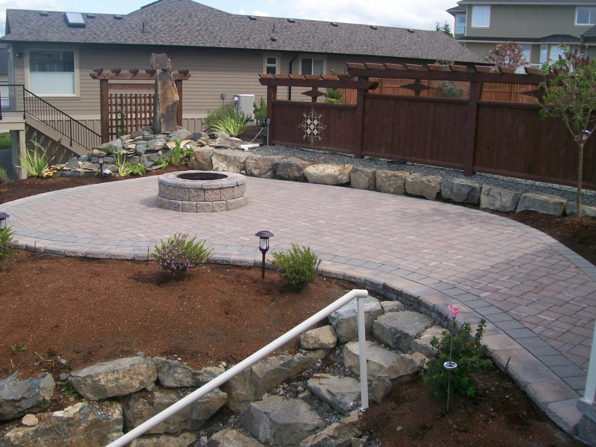 firepit in paving stone patio